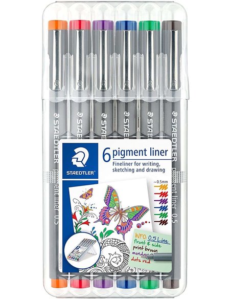 Staedtler Pigment Liner 308, lot de 6 marqueurs calibrés - trait 0,5 mm - séchage rapide - couleurs assorties