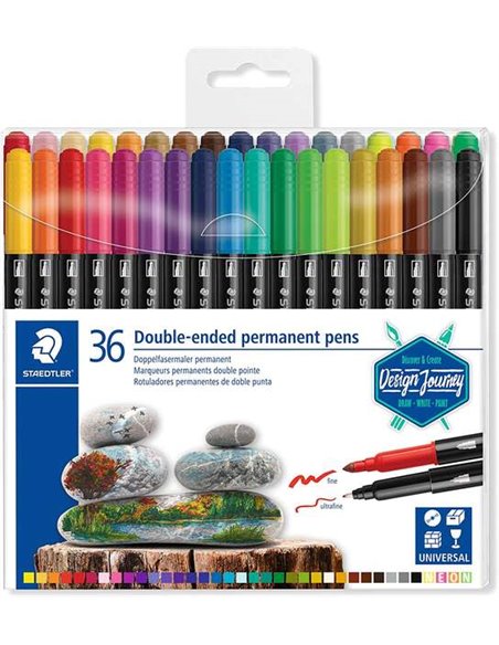 Staedtler 3187 Lot de 36 marqueurs permanents double pointe - Résistants à l'eau - Séchage rapide - Couleurs assorties