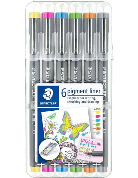 Staedtler Pigment Liner 308 Lot de 6 marqueurs calibrés - Trait 0,3 mm - Séchage rapide - Couleurs assorties