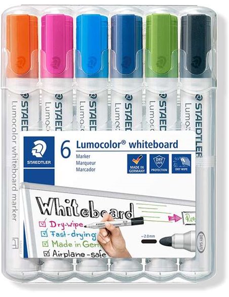 Marqueurs pour tableau blanc Staedtler Lumocolor 351 - Lot de 6 - Séchage rapide - Couleurs assorties