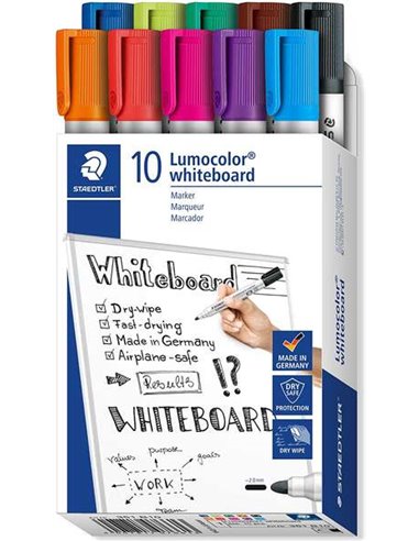 Lot de 10 marqueurs pour tableau blanc Staedtler Lumocolor 351 - Pointe d'environ 2 mm - Séchage rapide - Couleurs assorties