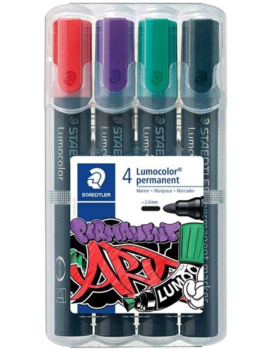 Staedtler Lumocolor 352 Lot de 4 marqueurs permanents - Séchage rapide - Trousse de bureau pratique - Rouge, violet, vert et noi