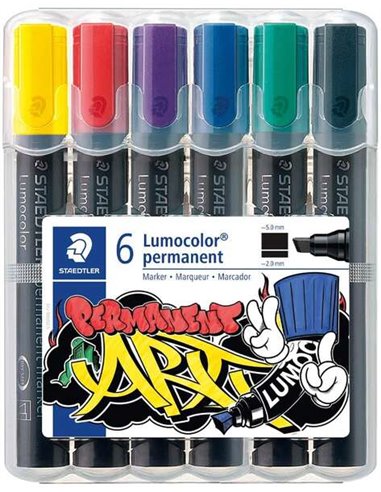 Staedtler Lumocolor 350, lot de 6 marqueurs permanents - Pointe biseautée - Couleurs assorties