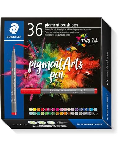 Lot de 36 marqueurs à pointe pinceau souple Staedtler 371 - Couleurs vives et éclatantes - Ne jaunit pas - Nouvelle encre multi-