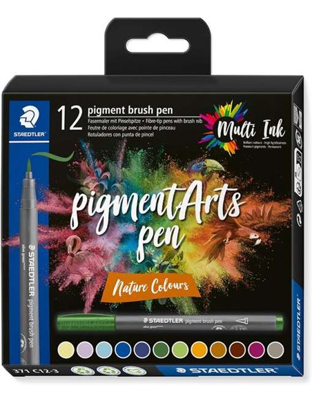 Lot de 12 marqueurs Staedtler 371 à pointe pinceau souple - Couleurs vives et éclatantes - Ne jaunit pas - Nouvelle encre multi-
