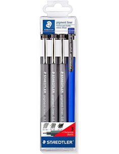Staedtler Pigment Liner 308 Pack de 3 marqueurs calibrés 0,2, 0,4 et 0,8 mm + 1 porte-mine 0,5 mm - Séchage rapide - Noir