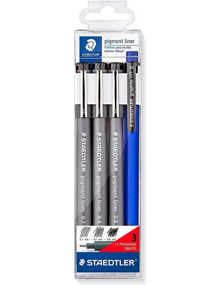 Staedtler Pigment Liner 308 Pack de 3 marqueurs calibrés 0,2, 0,4 et 0,8 mm + 1 porte-mine 0,5 mm - Séchage rapide - Noir