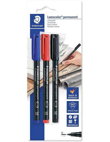 Stylo permanent Staedtler Lumocolor 317, lot de 3 marqueurs permanents – trait d'environ 1 mm – séchage rapide – couleurs assort