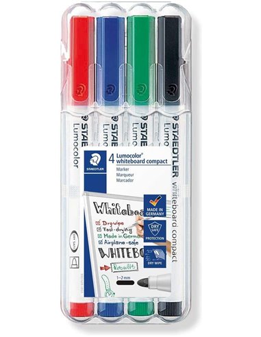 Marqueurs pour tableau blanc Staedtler Lumocolor Whiteboard Compact 341, lot de 4 – Séchage rapide – Couleurs assorties