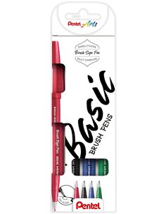 Pentel Brush Sing Pen Basic Pack de 4 marqueurs à pointe pinceau - Lignes fines ou épaisses selon la pression - Fabriqué avec 81