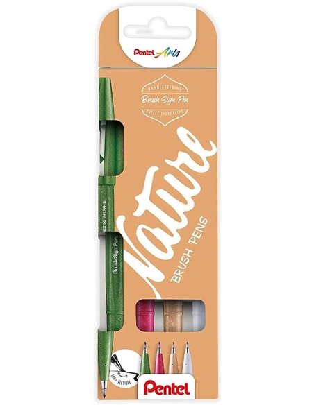 Lot de 4 marqueurs à pointe pinceau Pentel Brush Sing Pen Nature - Lignes fines ou épaisses selon la pression - Fabriqués à 81 %