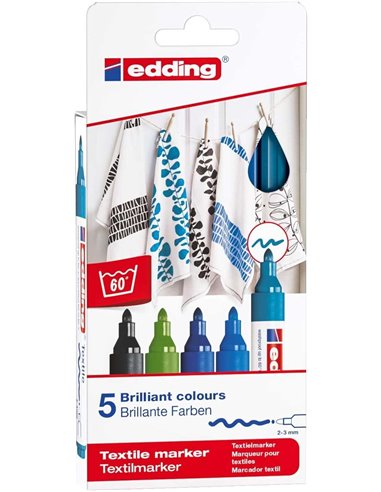Edding 4500 Cool Colors Lot de 5 marqueurs textiles permanents - Pointe ronde - Tracé de 2-3 mm - Odeur neutre - Séchage rapide 