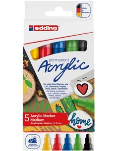 Edding 5100 Acrylic Lot de 5 marqueurs acryliques permanents - Pointe ronde 2-3 mm - Trait moyen - Résistant à la lumière - Séch