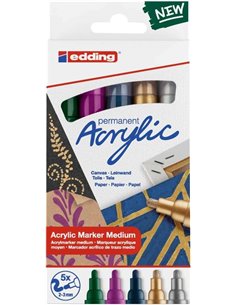 Edding 5100 Acrylic Lot de 5 marqueurs acryliques permanents métalliques – Pointe ronde 2-3 mm – Trait moyen – Résistant à la lu