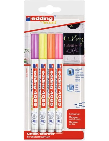 Lot de 4 marqueurs à craie liquide Edding 4085 Neon - Pointe ronde - Tracé de 1 à 3 mm - Odeur neutre - Couleurs framboise, jaun