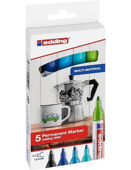 Edding 3000 Lot de 5 marqueurs permanents Cool Colors - Pointe ronde 1,5 mm - Tracé entre 1,5 et 3 mm - Rechargeables - Séchage 