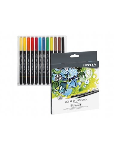 Lot de 12 marqueurs à double pointe Lyra Aqua Brush Duo : pointe pinceau 4 mm, pointe fine 2 mm, encre à base d'eau, couleurs as