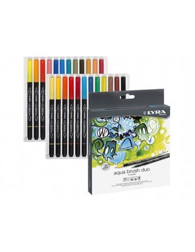 Lyra Aqua Brush Duo Pack de 24 marqueurs à double pointe – Pointe pinceau 4 mm, pointe fine 2 mm – Encre à base d'eau – Couleurs