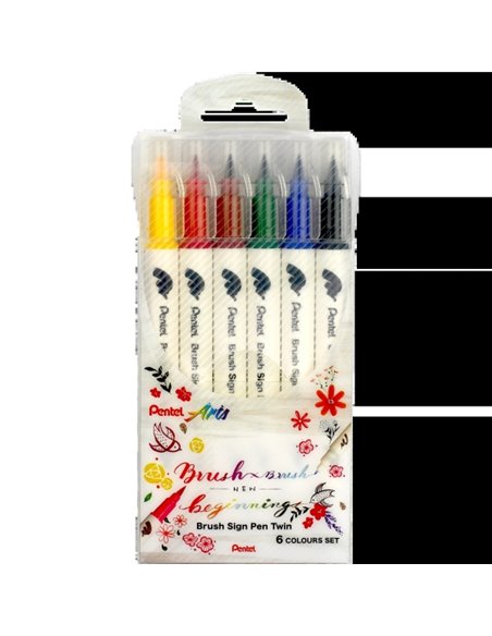Lot de 6 stylos pinceaux Pentel Brush Sing Pen à double pointe flexible : pointe large 1-4 mm, pointe fine 0,2-2 mm, couleurs as