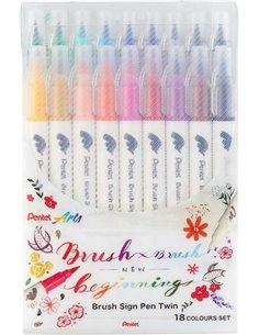 Lot de 18 marqueurs Pentel Brush Sing Pen à double pointe pinceau flexible : pointe large de 1 à 4 mm et pointe fine de 0,2 à 2 