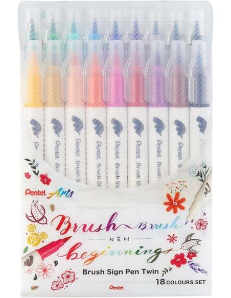 Lot de 18 marqueurs Pentel Brush Sing Pen à double pointe pinceau flexible : pointe large de 1 à 4 mm et pointe fine de 0,2 à 2 