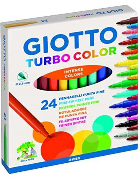 Lot de 24 marqueurs Giotto Turbo Color - Pointe fine 2,8 mm - Encre à base d'eau - Lavable - Couleurs assorties