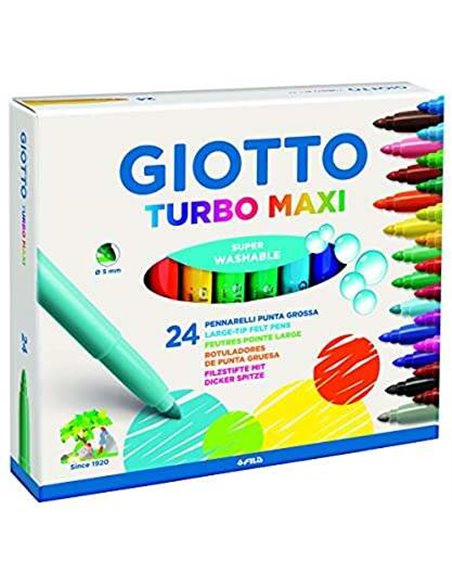 Giotto Turbo Maxi Pack de 24 marqueurs - Pointe large 5 mm - Encre à base d'eau - Lavable - Couleurs assorties