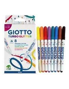 Lot de 8 marqueurs pailletés Giotto Turbo - Pointe fine 2,8 mm - Encre à base d'eau - Lavable - Couleurs assorties