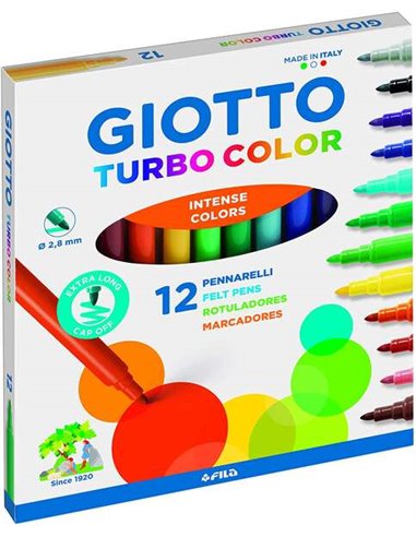 Marqueurs Giotto Turbo Color, lot de 12 – Pointe fine 2,8 mm – Encre à base d'eau – Lavable – Couleurs assorties