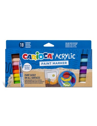 Lot de 18 marqueurs acryliques Carioca - Pointe pinceau - Encre à base d'eau - Haute couverture - Couleurs assorties