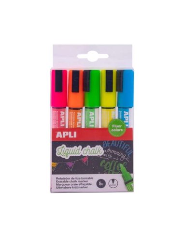 Lot de 5 marqueurs à craie liquide à pointe ronde Apli - Pointe 5,5 mm - Séchage rapide - Couleurs assorties