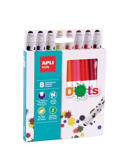 Lot de 8 marqueurs à pointe ronde bloquée Apli Kids Dots Ø 7,5 mm - Facilement lavables - Bouchon anti-étouffement - Couleurs as