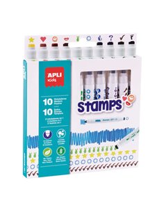 Lot de 10 tampons Apli Kids, marqueurs à double pointe, tampon et marqueur - 10 couleurs/tampons différents - Pointes bloquées d