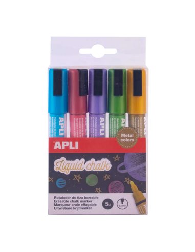 Lot de 5 marqueurs à craie liquide métallisés Apli - Pointe ronde de 5,5 mm - Effaçables facilement - Séchage rapide - À base d'