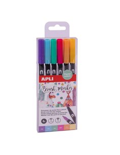 Lot de 6 marqueurs aquarelle à double pointe Apli Brush – Pointe pinceau de 1 à 4 mm et pointe ronde de 1 mm – Encre à base d'ea