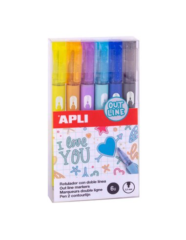 Marqueurs double trait Apli - 5,5 mm - À base d'alcool - Pack de 6 couleurs - Écriture intérieure argentée avec contour coloré -