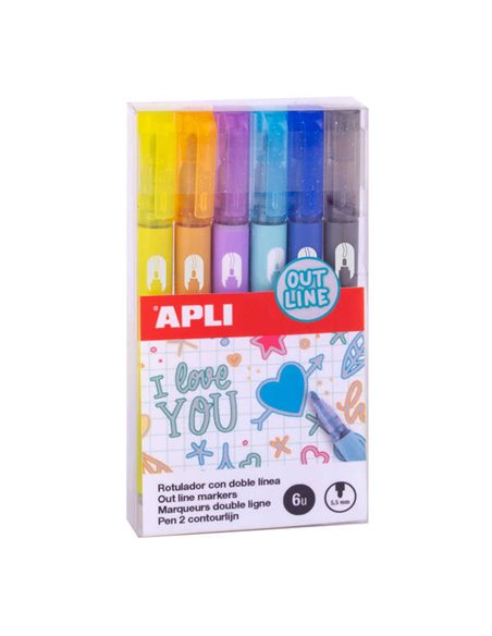 Marqueurs double trait Apli - 5,5 mm - À base d'alcool - Pack de 6 couleurs - Écriture intérieure argentée avec contour coloré -