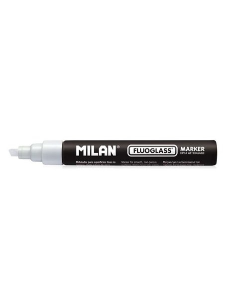Marqueur surface lisse Milan Fluoglass - Pointe biseautée - Tracé de 2 à 4 mm - Encre à base d'eau - Effaçable facilement - Blan
