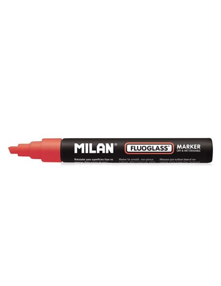 Marqueur Milan Fluoglass pour surfaces lisses (non poreuses) - Pointe biseautée - Tracé de 2 à 4 mm - Encre à base d'eau - Effaç