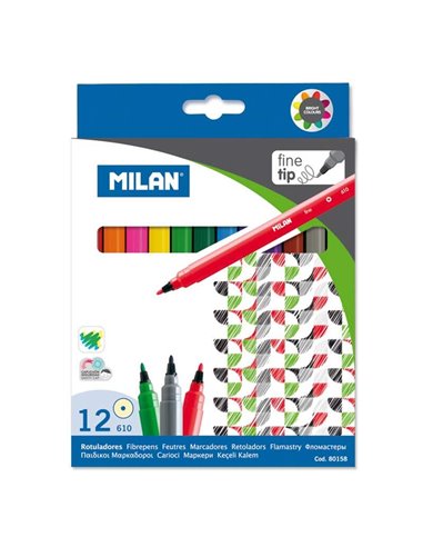 Lot de 12 marqueurs Milan - Pointe fine 2 mm - Encre à base d'eau - Lavable - Couleurs assorties
