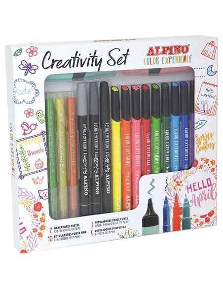 Kit créatif Alpino Color Experience : 10 feutres fins, 5 marqueurs pailletés, 3 marqueurs spéciaux pour la calligraphie, 2 marqu