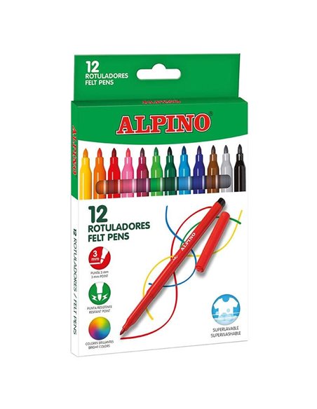 Lot de 12 marqueurs scolaires Alpino - Pointe fine 3 mm - Super lavables et brillants - Idéal pour la créativité et les loisirs 