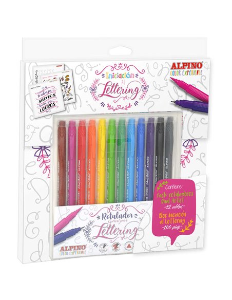 Pack Alpino Color Experience de 12 marqueurs double artiste + guide d'initiation au lettrage - Double pointe (pointe fine de 0,7