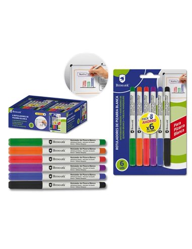 Marqueurs pour tableau blanc Bismark, lot de 6 – Pointe fine – Encre à séchage rapide – Effacement facile – Couleurs assorties