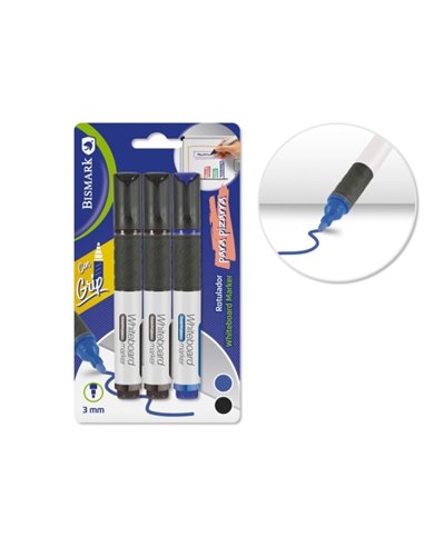 Lot de 3 marqueurs pour tableau blanc Bismark avec grip – Pointe ronde de 3 mm – Couleurs noir et bleu