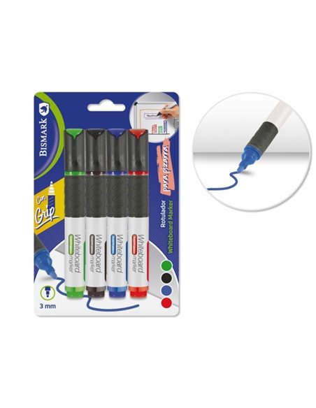 Lot de 4 marqueurs pour tableau blanc Bismark avec grip – Pointe ronde 3 mm – Couleurs assorties