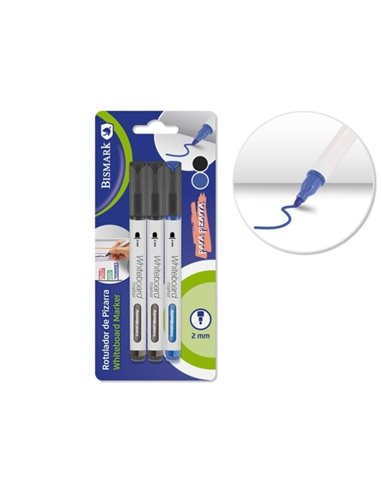 Lot de 3 marqueurs pour tableau blanc Bismark - Pointe ronde 2 mm - Couleurs noir et bleu
