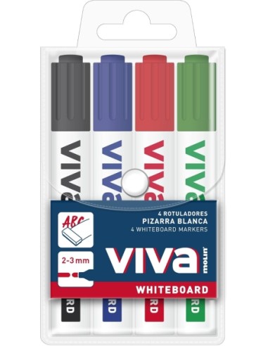 Lot de 4 marqueurs pour tableau blanc Molin Viva - Pointe ronde en fibre synthétique - Course de 3 mm - Encre à base d'alcool - 
