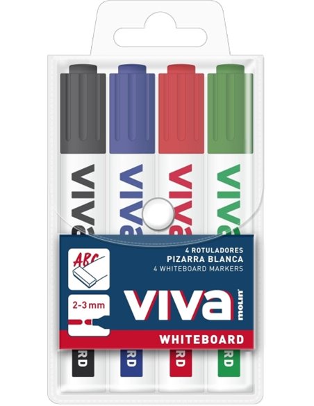Lot de 4 marqueurs pour tableau blanc Molin Viva - Pointe ronde en fibre synthétique - Course de 3 mm - Encre à base d'alcool - 
