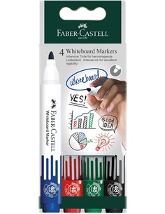 Marqueurs pour tableau blanc Faber-Castell W20 - Lot de 4 - Pointe ogive - Largeur de trait 2,25 mm - Effaçables à sec - Couleur